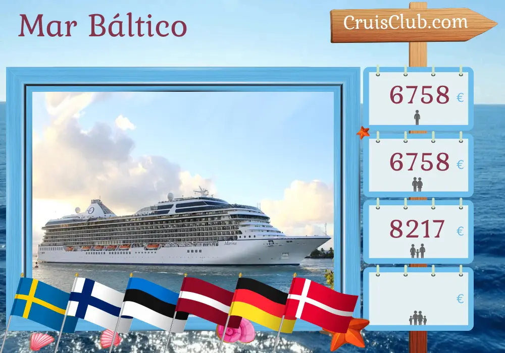 Crucero en el mar Báltico de Estocolmo a Copenhague a bordo del barco Oceania Marina con visitas a Suecia, Finlandia, Estonia, Letonia, Polonia, Alemania y Dinamarca durante 11 días