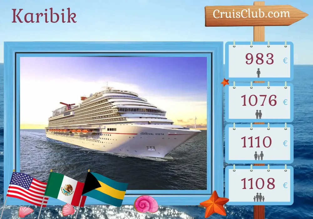 Kreuzfahrt in der Karibik ab Port Canaveral / Orlando an Bord des Schiffes Carnival Vista mit Besuchen in den USA, Honduras, Mexiko und den Bahamas für 8 Tage