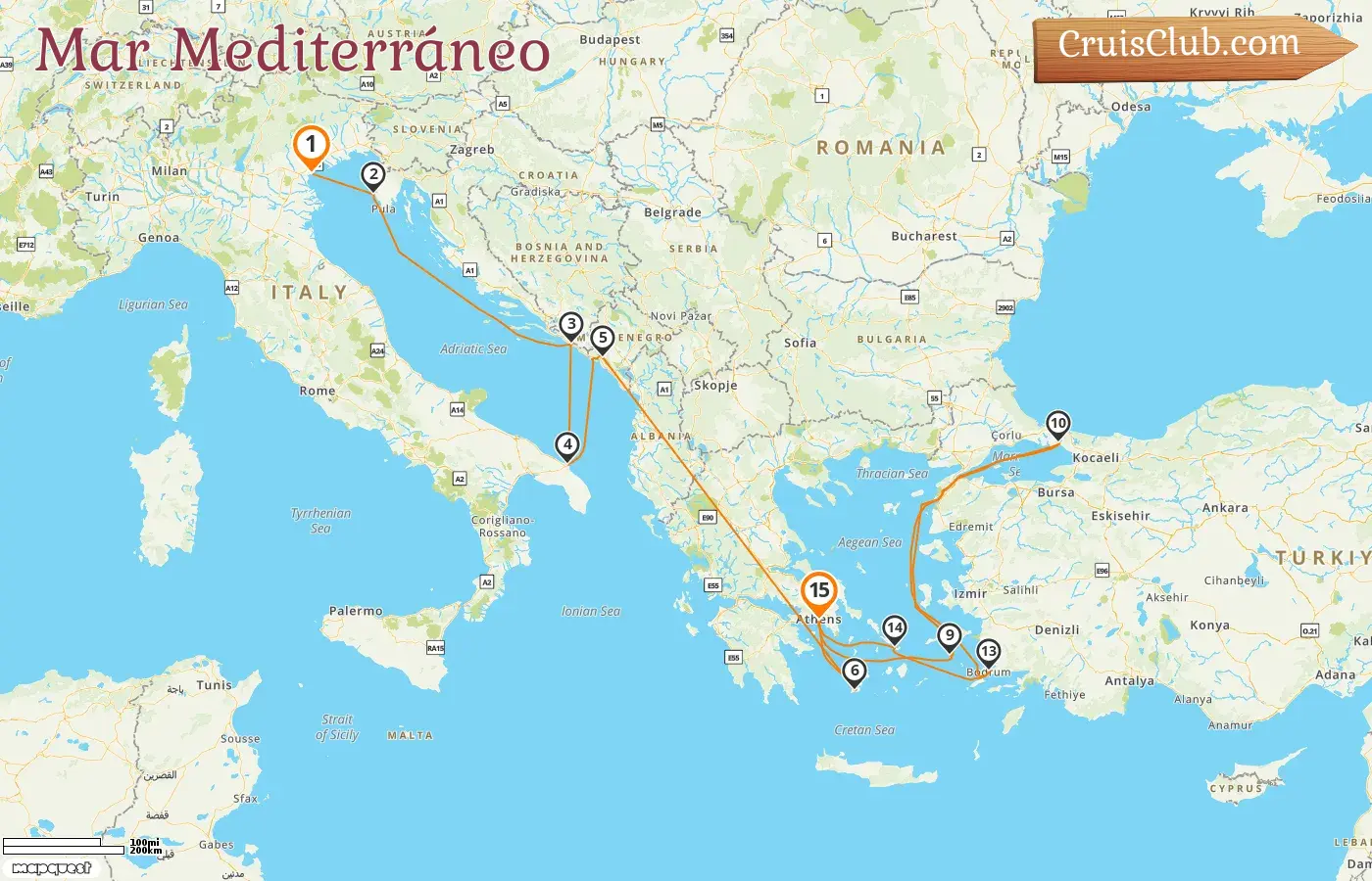 Crucero por el Mediterráneo de Fusina a El Pireo a bordo del barco EXPLORA II con visitas a Italia, Croacia, Montenegro, Grecia y Turquía durante 15 días