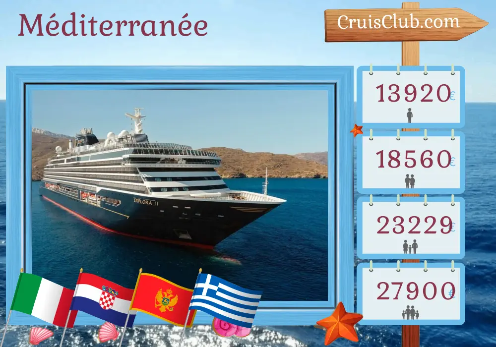 Croisière en Méditerranée de Fusina à Le Pirée à bord du navire EXPLORA II avec des escales en Italie, en Croatie, au Monténégro, en Grèce et en Turquie pendant 15 jours