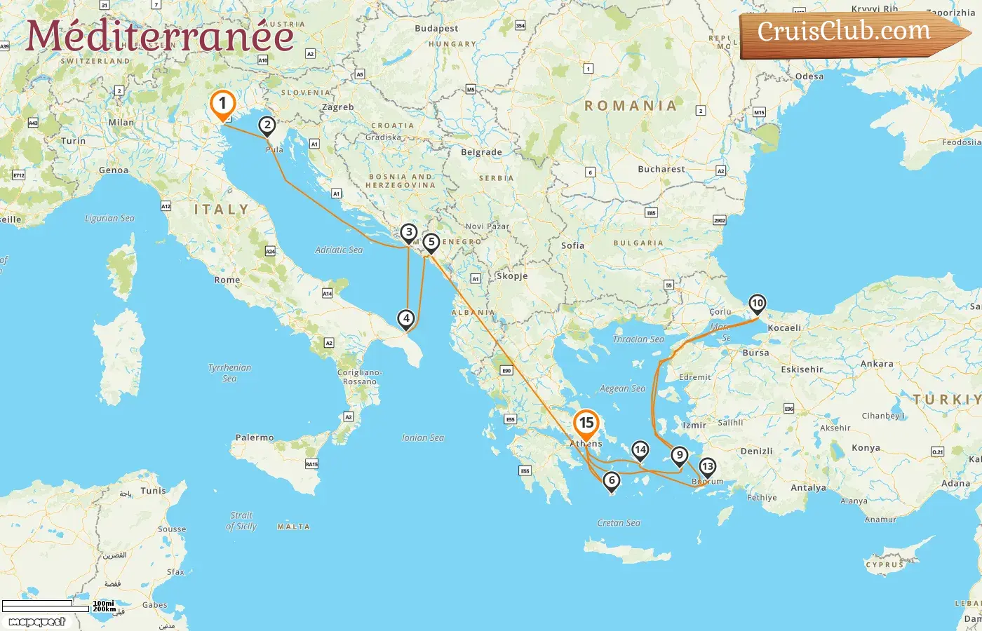 Croisière en Méditerranée de Fusina à Le Pirée à bord du navire EXPLORA II avec des escales en Italie, en Croatie, au Monténégro, en Grèce et en Turquie pendant 15 jours