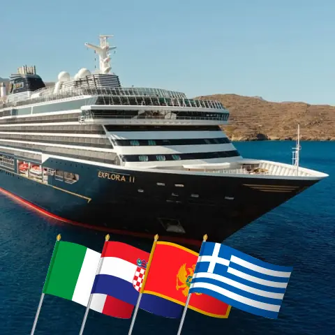 Cruise in the Mediterranean from Fusina to Piraeus aboard EXPLORA II ship with visits to Italy, Croatia, Montenegro, Greece, and Turkey for 15 days