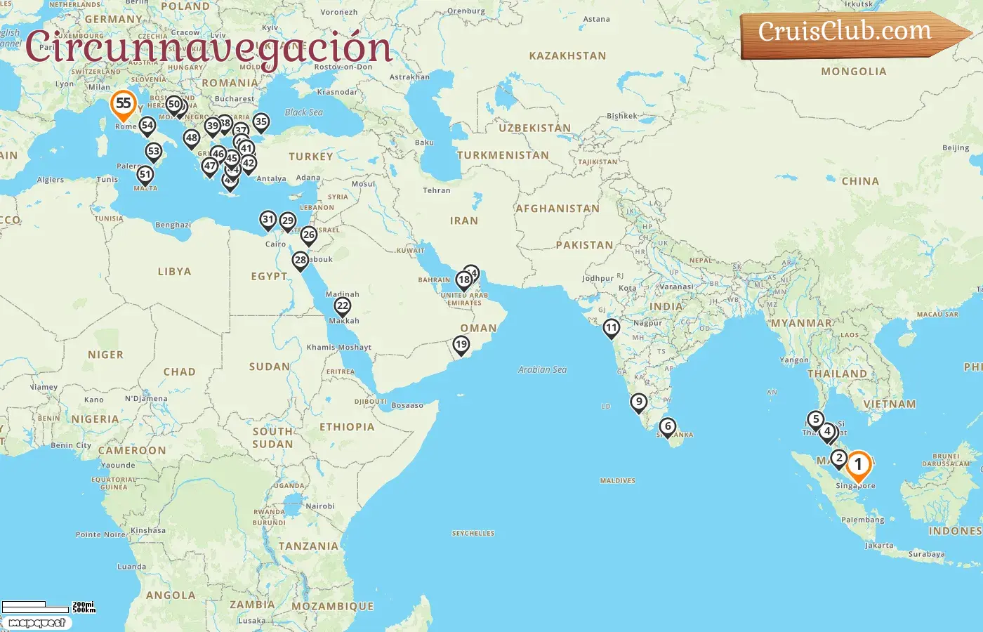 Crucero en el viaje por el mundo desde Singapur a Civitavecchia a bordo del barco Oceania Vista con visitas a Singapur, Malasia, Tailandia, Sri Lanka, India, Emiratos Árabes Unidos, Omán, Arabia Saudita, Jordania, Egipto, Turquía, Grecia, Montenegro, Croacia, Malta e Italia durante 55 días