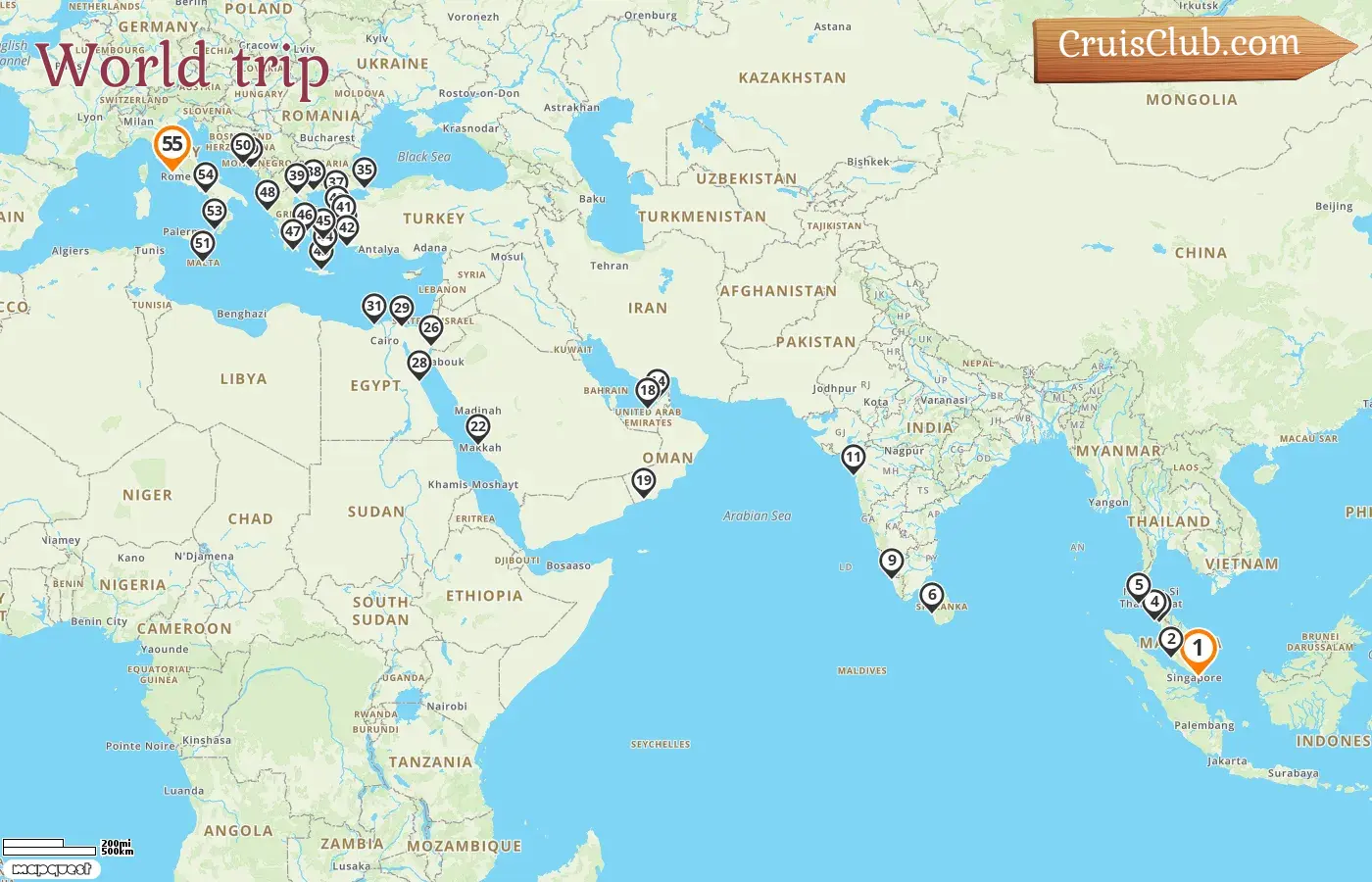 Cruise in the World trip from Singapore to Civitavecchia aboard Oceania Vista ship with visits to Singapore, Malaysia, Thailand, Sri Lanka, India, United Arab Emirates, Oman, Saudi Arabia, Jordan, Egypt, Turkey, Greece, Montenegro, Croatia, Malta, and Italy for 55 days