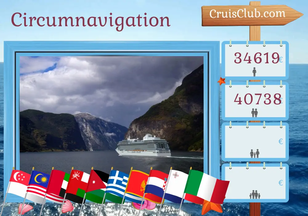 Croisière du monde de Singapour à Civitavecchia à bord du navire Océania Vista avec des escales à Singapour, en Malaisie, en Thaïlande, au Sri Lanka, en Inde, aux Émirats arabes unis, en Oman, en Arabie saoudite, en Jordanie, en Égypte, en Turquie, en Grèce, au Monténégro, en Croatie, à Malte et en Italie pendant 55 jours