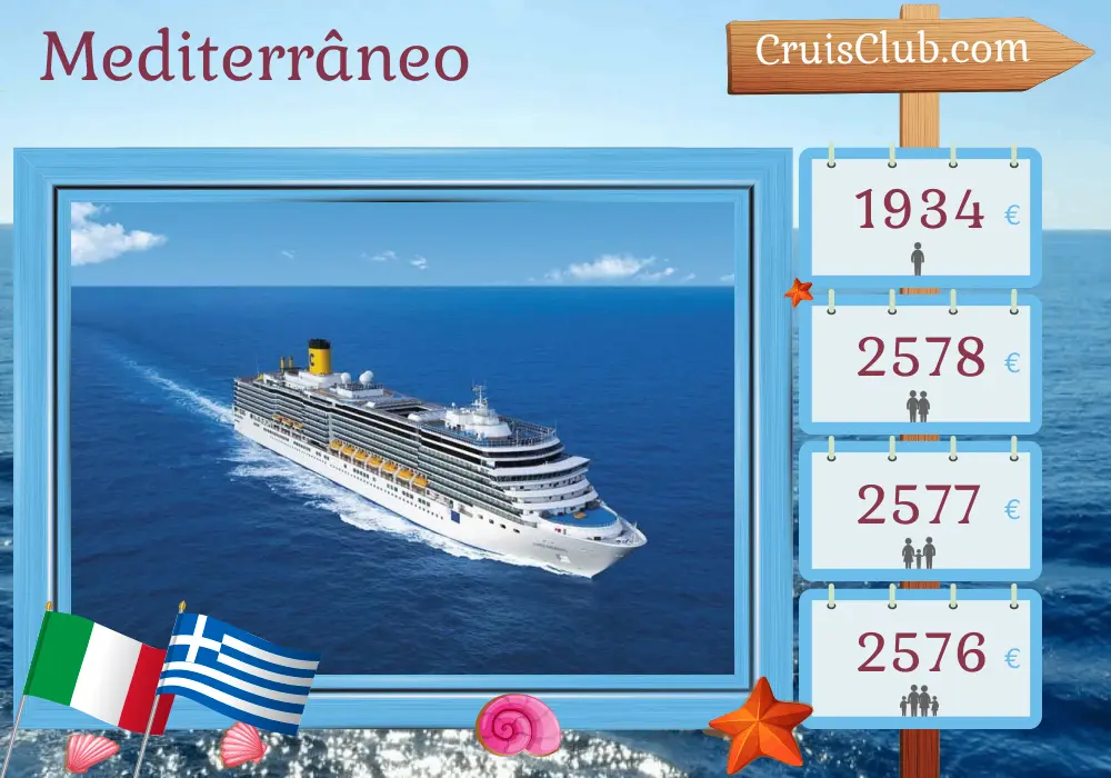 Cruzeiro no Mediterrâneo a partir de Bari a bordo do navio Costa Deliziosa com visitas à Itália e Grécia por 8 dias