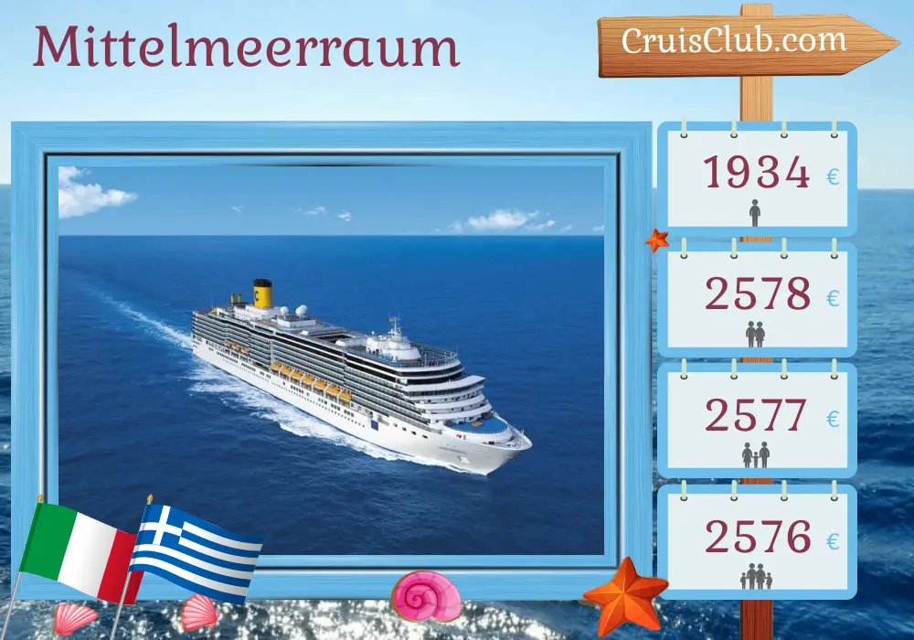 Kreuzfahrt im Mittelmeer ab Bari an Bord des Schiffes Costa Deliziosa mit Besuchen in Italien und Griechenland für 8 Tage