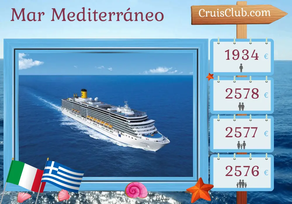 Crucero por el Mediterráneo desde Bari a bordo del barco Costa Deliziosa con visitas a Italia y Grecia durante 8 días