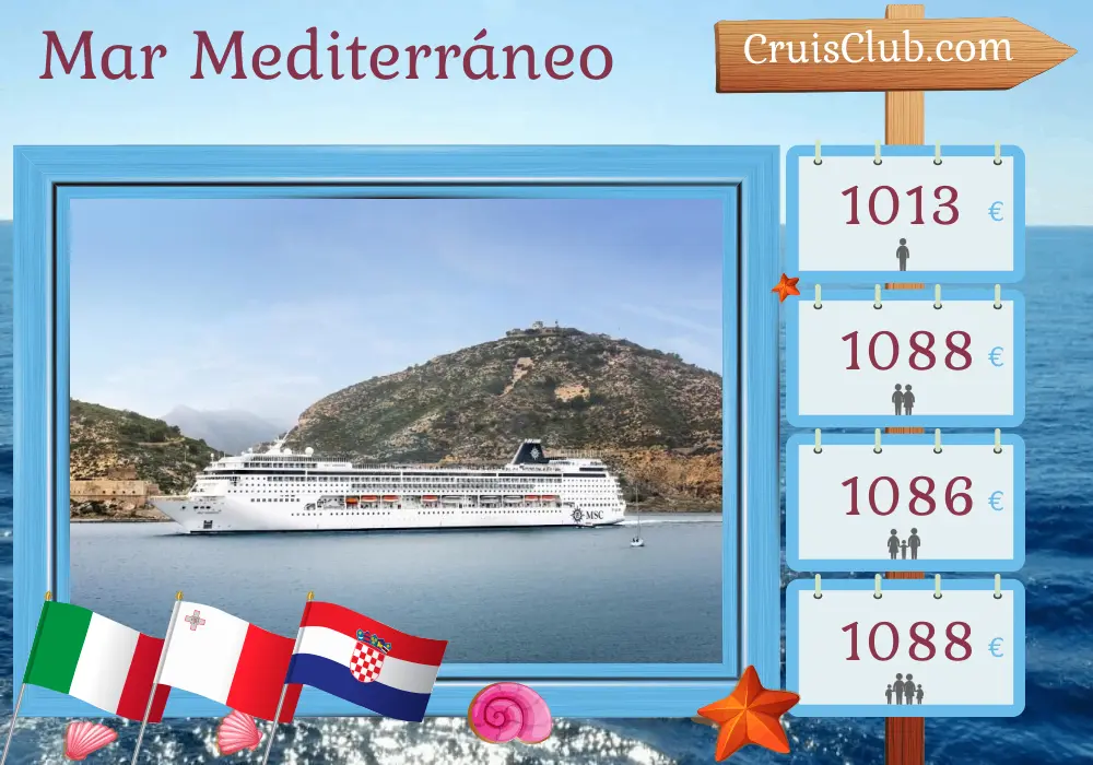 Crucero por el Mediterráneo desde Civitavecchia hasta Marghera a bordo del barco MSC Armonía con visitas a Italia, Malta y Croacia durante 6 días