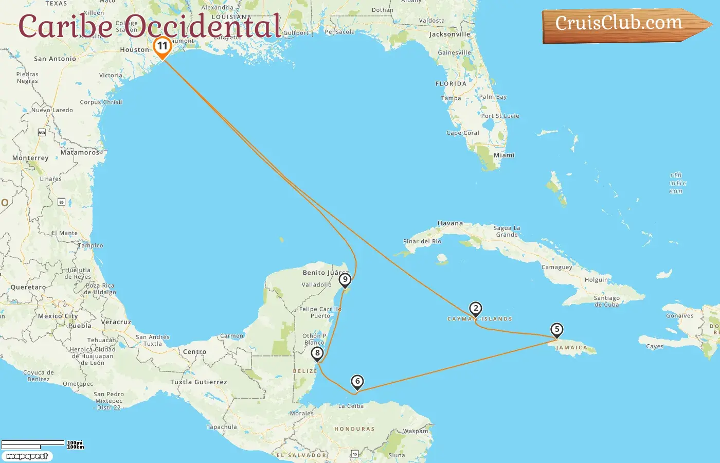 Crucero por el Caribe Occidental desde Galveston a bordo del barco Carnival Spirit con visitas a Estados Unidos, Islas Caimán, Jamaica, Honduras, Belice y México durante 11 días