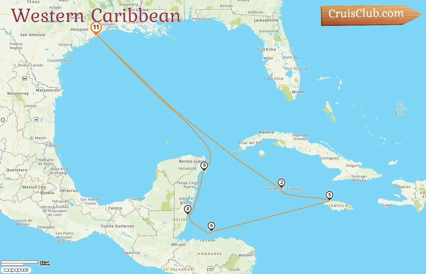 Cruise in the Western Caribbean from Galveston aboard Carnival Spirit ship with visits to USA, Cayman Islands, Jamaica, Honduras, Belize, and Mexico for 11 days