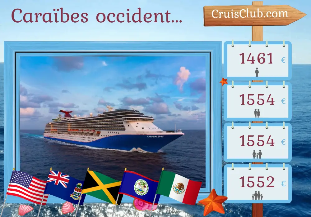 Croisière dans les Caraïbes occidentales au départ de Galveston à bord du navire Carnival Spirit avec escales aux États-Unis, aux îles Caïmans, en Jamaïque, au Honduras, au Belize et au Mexique pendant 11 jours