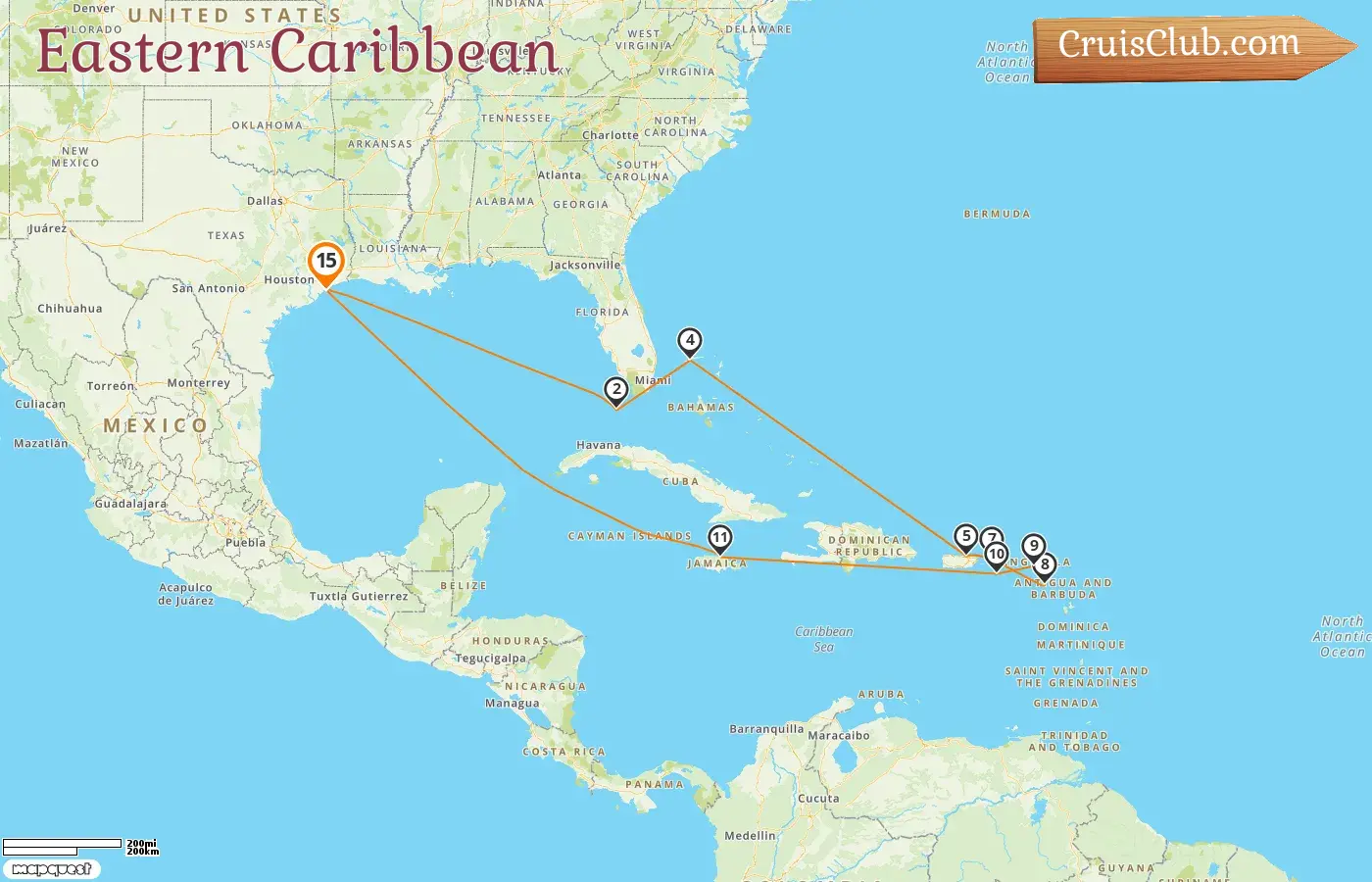 Cruise in the Eastern Caribbean from Galveston aboard Carnival Breeze ship with visits to USA, Bahamas, Puerto Rico, Saint Kitts and Nevis, and Jamaica for 15 days