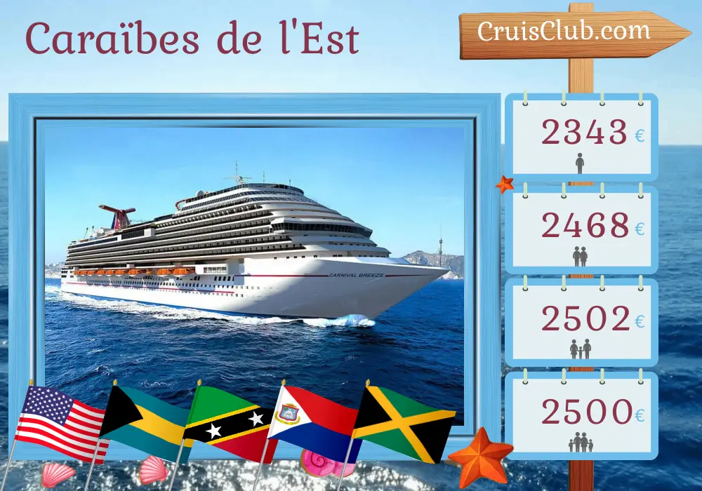 Croisière dans les Caraïbes de l`Est au départ de Galveston à bord du navire Carnival Breeze avec escales aux États-Unis, aux Bahamas, à Porto Rico, à Saint-Kitts-et-Nevis et en Jamaïque pendant 15 jours