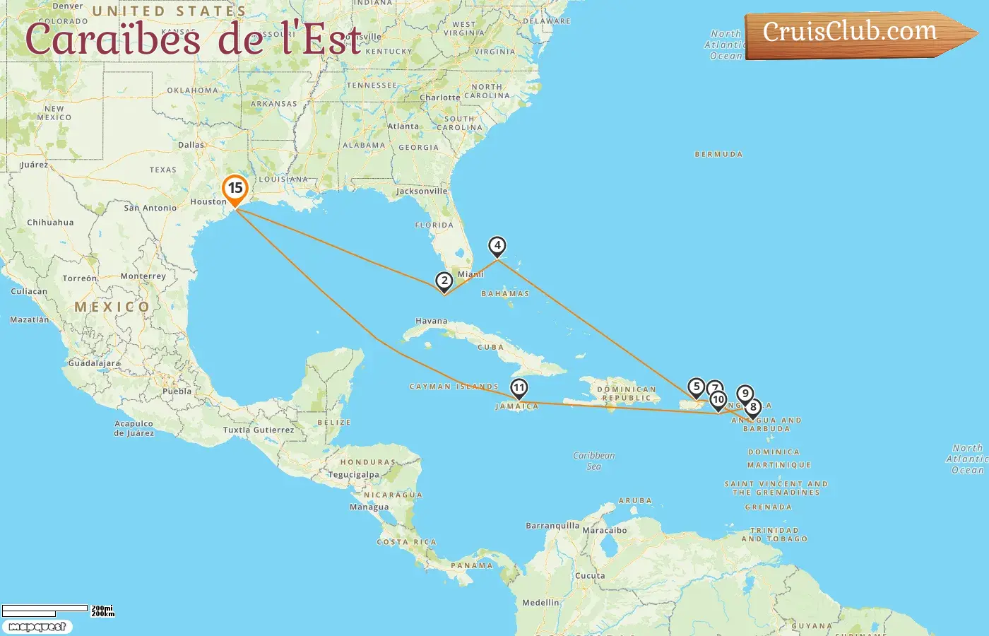 Croisière dans les Caraïbes de l`Est au départ de Galveston à bord du navire Carnival Breeze avec escales aux États-Unis, aux Bahamas, à Porto Rico, à Saint-Kitts-et-Nevis et en Jamaïque pendant 15 jours