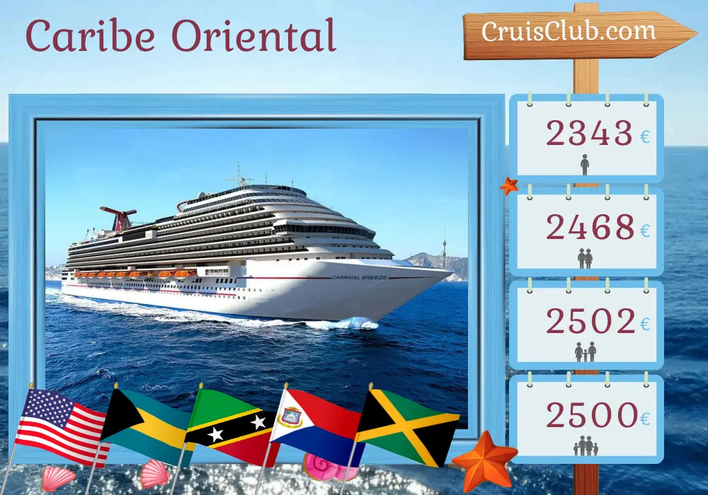Crucero por el Caribe Oriental desde Galveston a bordo del barco Carnival Breeze con visitas a EE. UU., Bahamas, Puerto Rico, San Cristóbal y Nieves y Jamaica por 15 días