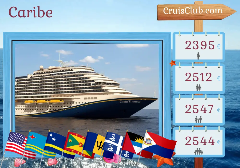 Cruzeiro no Caribe a partir de Miami no navio Carnival Firenze com visitas aos EUA, Aruba, Curaçao, Granada, Barbados e Martinica por 14 dias