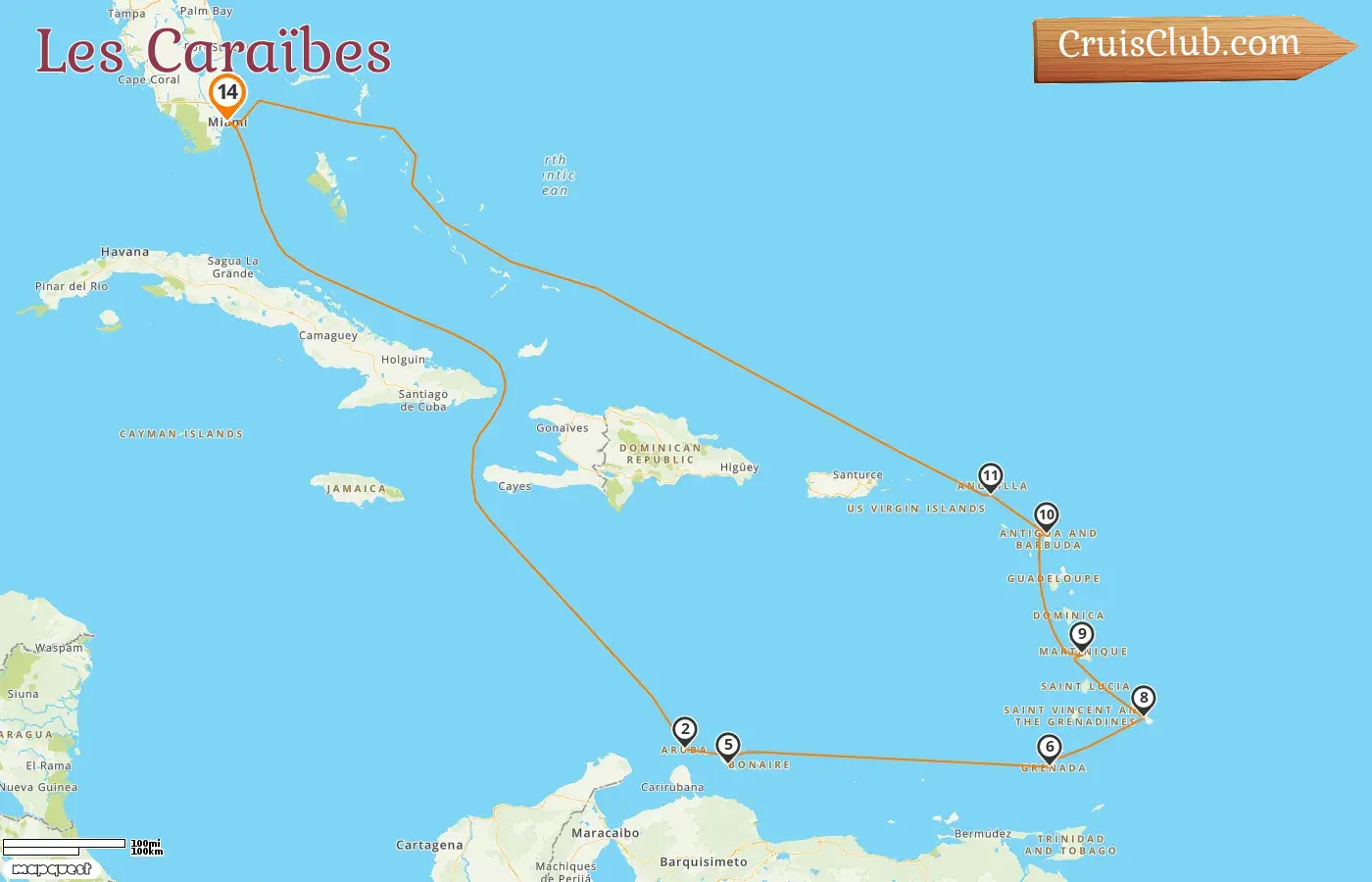 Croisière dans les Caraïbes depuis Miami à bord du navire Carnival Firenze avec des escales aux États-Unis, à Aruba, Curaçao, la Grenade, la Barbade et la Martinique pendant 14 jours