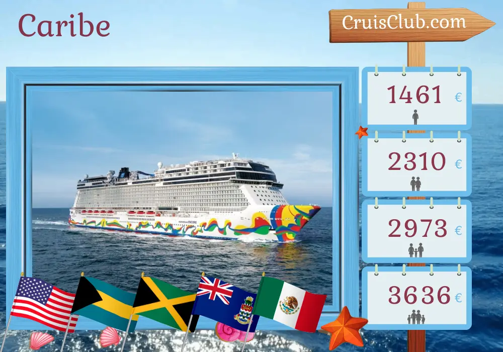 Cruzeiro no Caribe a bordo do navio Norwegian Encore com visitas aos EUA, Bahamas, Jamaica, Ilhas Cayman e México por 8 dias