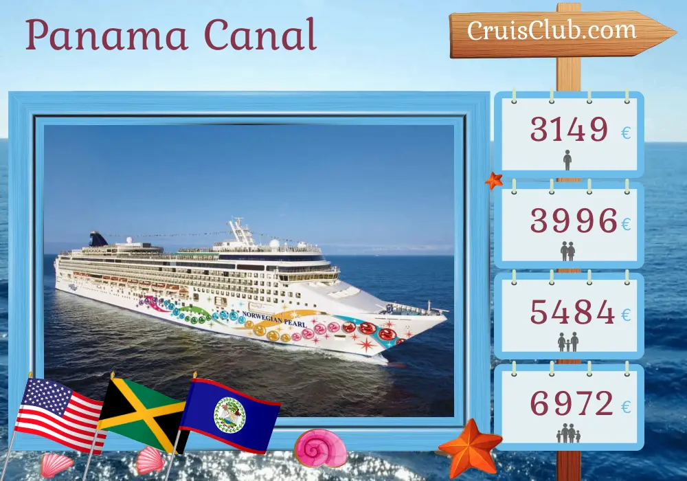 Cruise in the Panama Canal from Miami aboard Norwegian Pearl ship with visits to USA, Jamaica, Colombia, Panama, Costa Rica, and Belize for 12 days