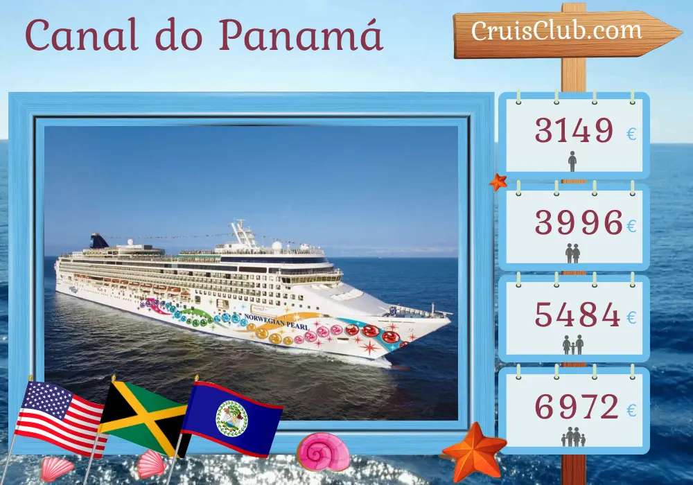 Cruzeiro no Canal do Panamá a bordo do navio Norwegian Pearl com visitas aos EUA, Jamaica, Colômbia, Panamá, Costa Rica e Belize por 12 dias