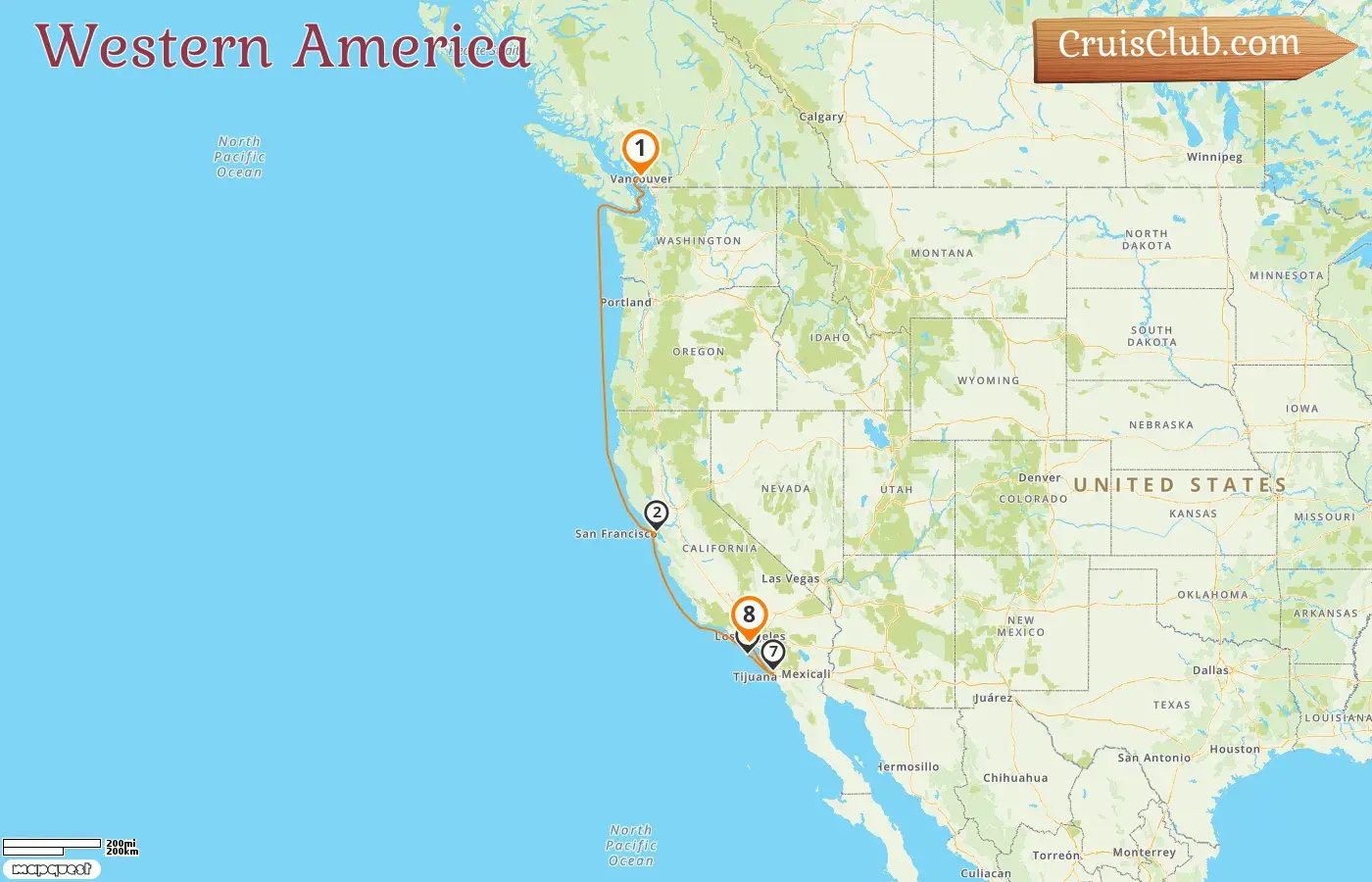 Cruise in the Western America from Vancouver to Los Angeles aboard Caribbean Princess ship with visits to Canada and USA for 8 days