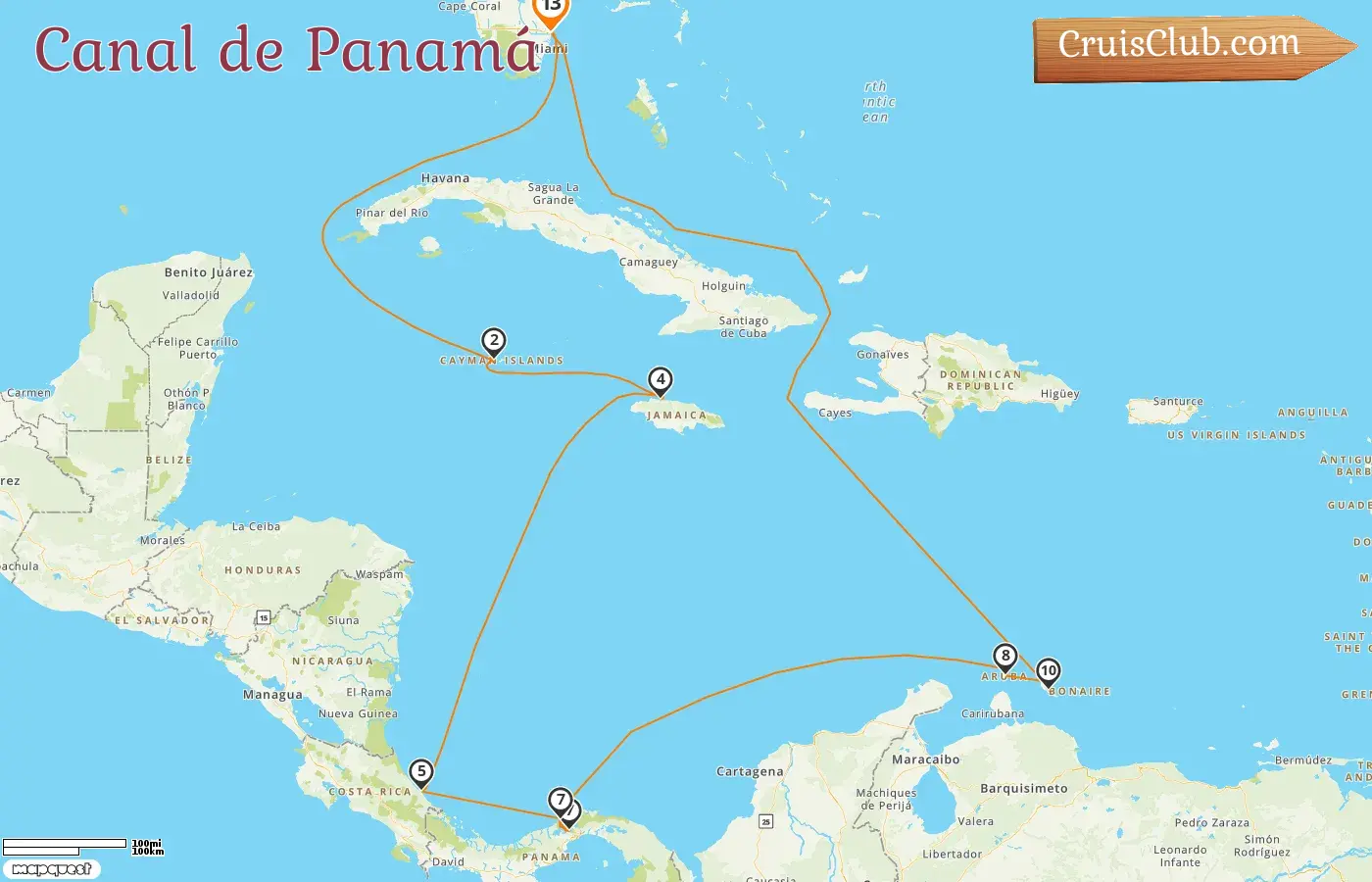 Crucero por el Canal de Panamá desde Fort Lauderdale a bordo del barco Caribbean Princess con visitas a Estados Unidos, Islas Caimán, Jamaica, Costa Rica, Panamá, Aruba y Curazao por 13 días