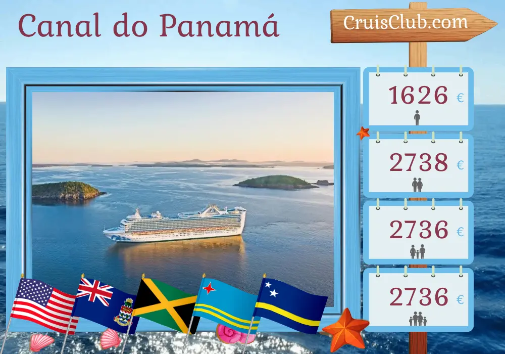Cruzeiro no Canal do Panamá a bordo do navio Caribbean Princess com visitas aos EUA, Ilhas Cayman, Jamaica, Costa Rica, Panamá, Aruba e Curaçao por 13 dias