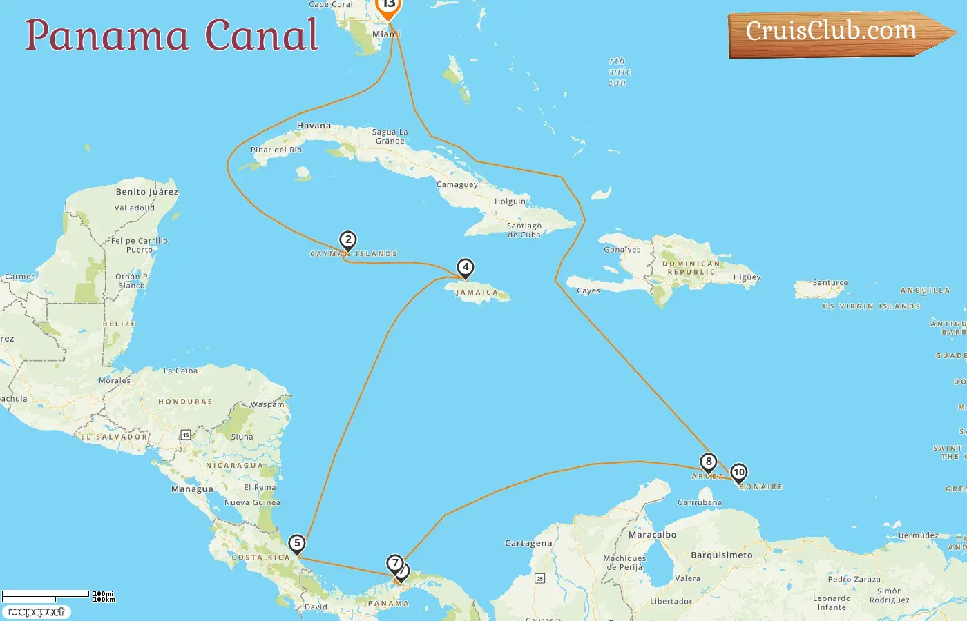 Cruise in the Panama Canal from Fort Lauderdale aboard Caribbean Princess ship with visits to USA, Cayman Islands, Jamaica, Costa Rica, Panama, Aruba, and Curaçao for 13 days