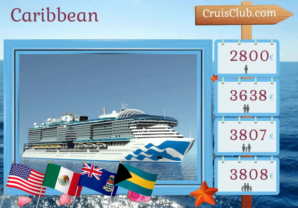 Cruise in the Caribbean from Fort Lauderdale aboard Sun Princess ship with visits to USA, Mexico, Honduras, Cayman Islands, Bahamas, and Puerto Rico for 15 days