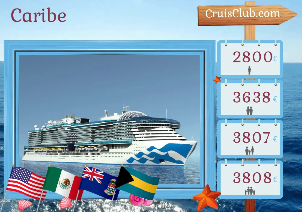 Cruzeiro no Caribe saindo de Fort Lauderdale a bordo do navio Sun Princess com visitas aos EUA, México, Honduras, Ilhas Cayman, Bahamas e Porto Rico por 15 dias