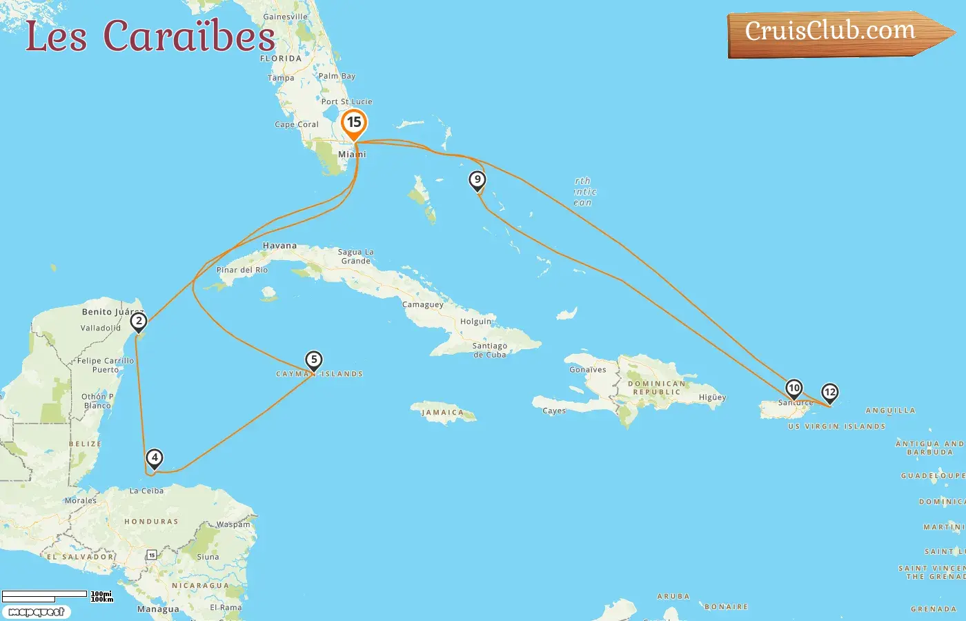 Croisière dans les Caraïbes au départ de Fort Lauderdale à bord du navire Sun Princess avec des visites aux États-Unis, au Mexique, au Honduras, aux îles Caïmans, aux Bahamas et à Porto Rico pendant 15 jours