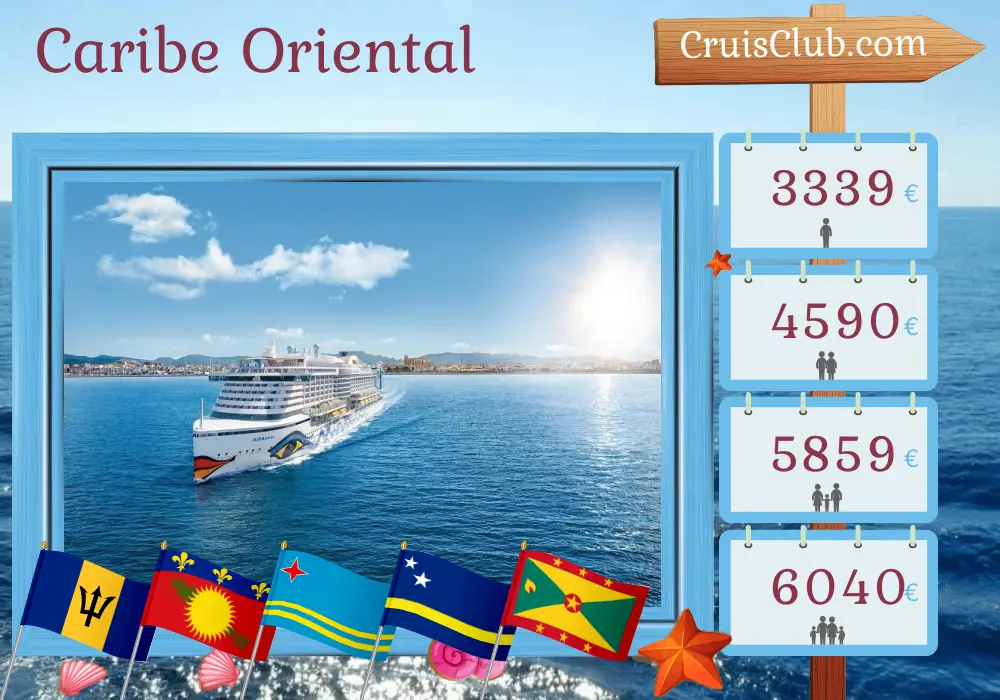Cruzeiro no Caribe Oriental saindo de Bridgetown a bordo do navio AIDAperla com visitas a Barbados, São Vicente e Granadinas, Guadalupe, Aruba, Curaçao e Granada por 15 dias