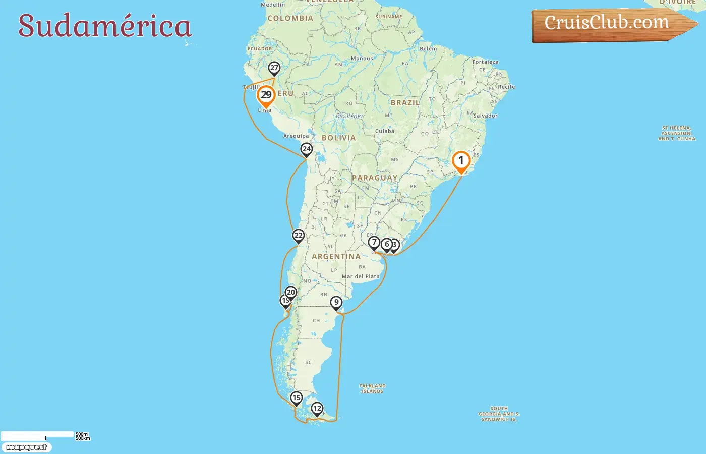 Crucero de Río de Janeiro a Callao a bordo del barco Artania con visitas a Brasil, Uruguay, Argentina, Chile y Perú durante 29 días