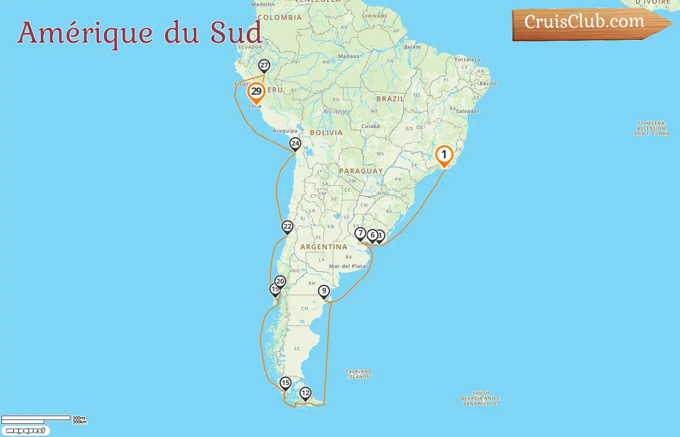 Croisière en Amérique du Sud de Rio de Janeiro à Callao à bord du navire Artania avec des escales au Brésil, en Uruguay, en Argentine, au Chili et au Pérou pendant 29 jours