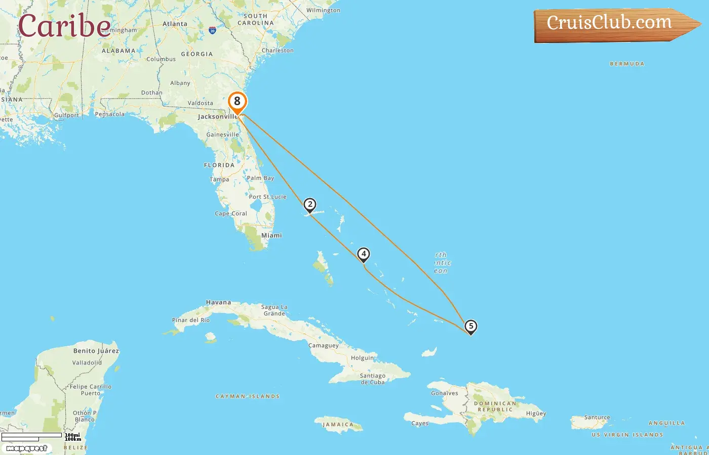 Cruzeiro no Caribe partindo de Jacksonville a bordo do navio Carnival Elation com visitas aos EUA e Bahamas por 8 dias