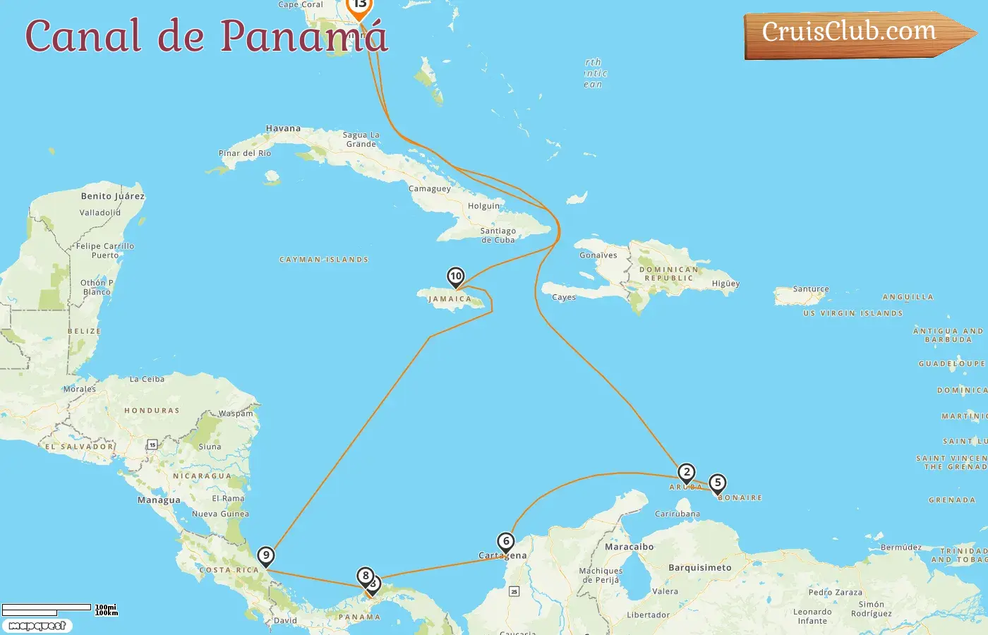 Crucero por el Canal de Panamá desde Fort Lauderdale a bordo del barco Caribbean Princess con visitas a EE. UU., Aruba, Curazao, Colombia, Panamá, Costa Rica y Jamaica por 13 días