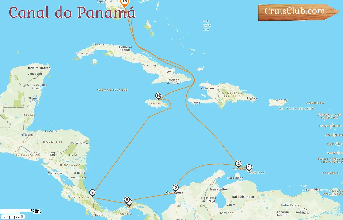Cruzeiro no Canal do Panamá a bordo do navio Caribbean Princess com visitas aos EUA, Aruba, Curaçao, Colômbia, Panamá, Costa Rica e Jamaica por 13 dias