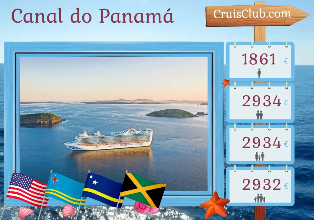 Cruzeiro no Canal do Panamá a bordo do navio Caribbean Princess com visitas aos EUA, Aruba, Curaçao, Colômbia, Panamá, Costa Rica e Jamaica por 13 dias