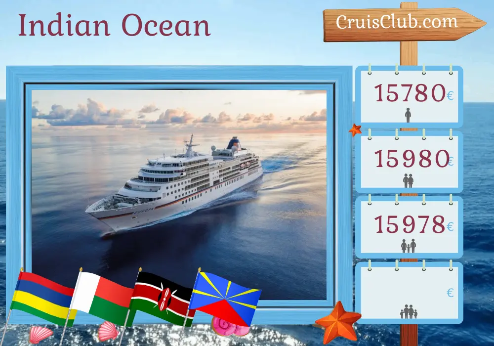 Cruise in the Indian Ocean from Port Louis aboard MS EUROPA ship with visits to Mauritius, Madagascar, Mayotte, Tanzania, Kenya, and Réunion for 20 days
