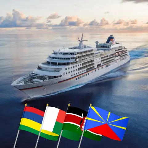 Cruise in the Indian Ocean from Port Louis aboard MS EUROPA ship with visits to Mauritius, Madagascar, Mayotte, Tanzania, Kenya, and Réunion for 20 days