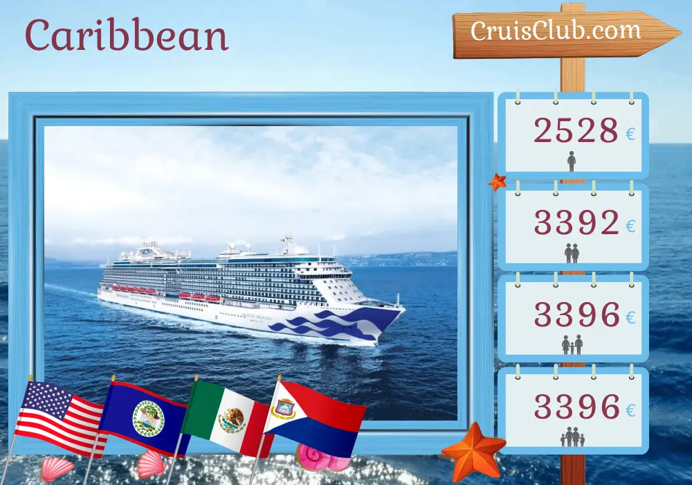 Cruise in the Caribbean from Fort Lauderdale aboard Majestic Princess ship with visits to USA, Belize, Honduras, Mexico, Dominican Republic, and Puerto Rico for 15 days