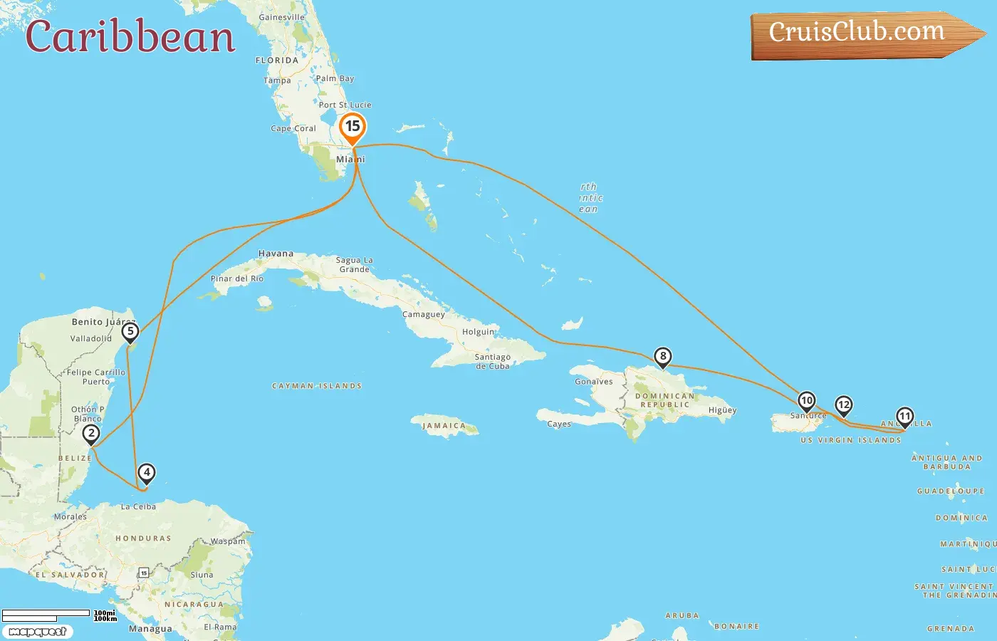 Cruise in the Caribbean from Fort Lauderdale aboard Majestic Princess ship with visits to USA, Belize, Honduras, Mexico, Dominican Republic, and Puerto Rico for 15 days