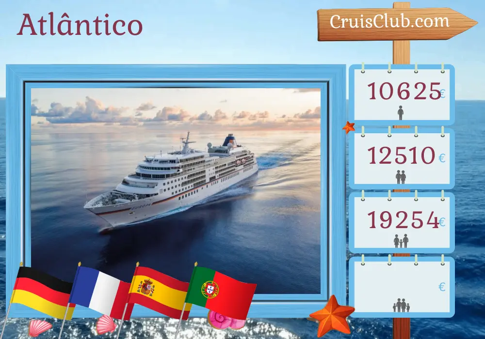 Cruzeiro no Atlântico de Hamburgo para Palma a bordo do navio MS EUROPA com visitas à Alemanha, França, Espanha e Portugal por 17 dias