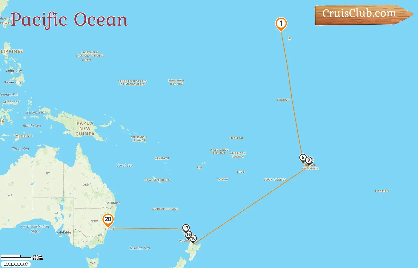 Cruise in the Pacific Ocean from Honolulu to Sydney aboard Celebrity Solstice ship with visits to USA, French Polynesia, New Zealand, and Australia for 20 days