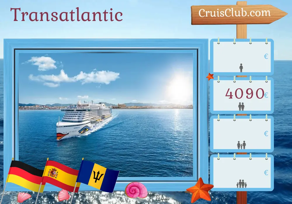 Cruise in the Transatlantic from Hamburg to Bridgetown aboard AIDAperla ship with visits to Germany, Spain, Saint Vincent and the Grenadines, and Barbados for 20 days