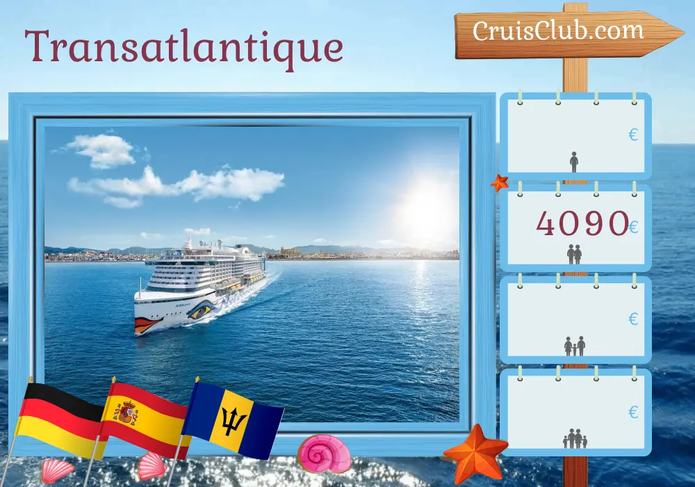 Croisière transatlantique de Hambourg à Bridgetown à bord du navire AIDAperla avec escales en Allemagne, en Espagne, à Saint-Vincent-et-les Grenadines et à la Barbade pendant 20 jours