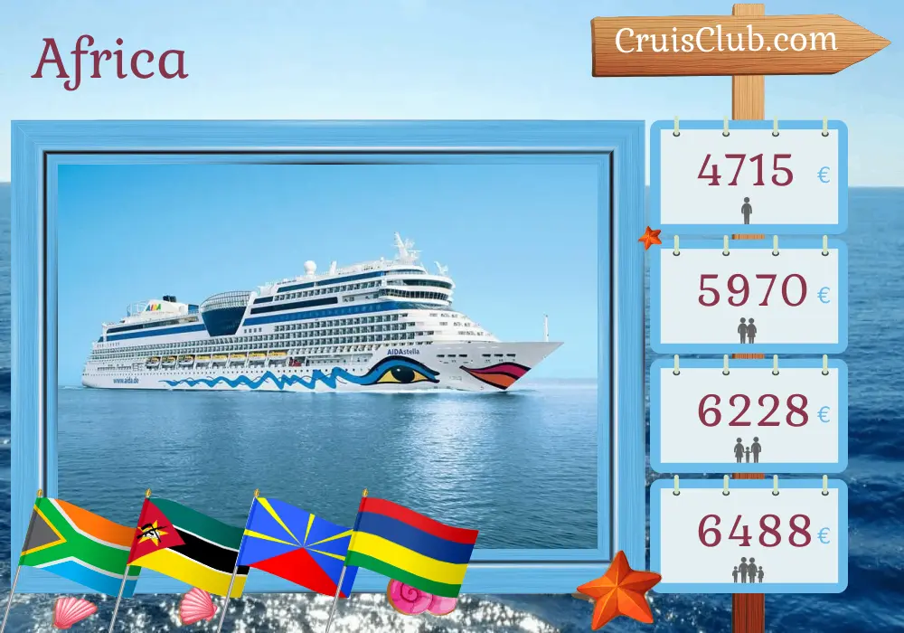 Cruise in the Africa from Cape Town to Port Louis aboard AIDAstella ship with visits to South Africa, Mozambique, Réunion, and Mauritius for 15 days