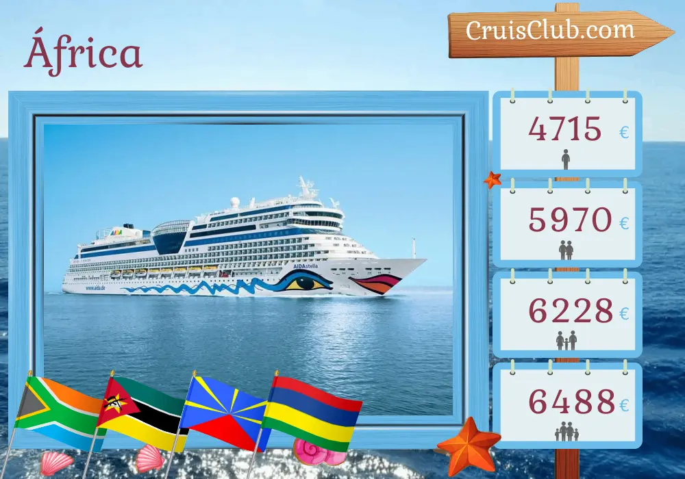 Cruzeiro na África de Cape Town para Port Louis a bordo do navio AIDAstella com visitas à África do Sul, Moçambique, Réunion e Maurício por 15 dias