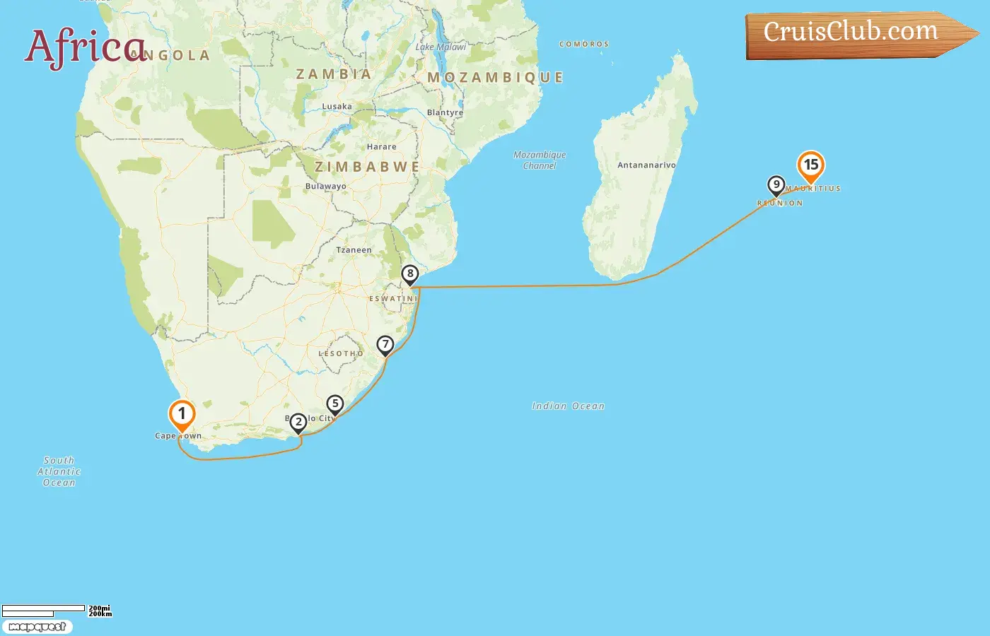 Cruise in the Africa from Cape Town to Port Louis aboard AIDAstella ship with visits to South Africa, Mozambique, Réunion, and Mauritius for 15 days